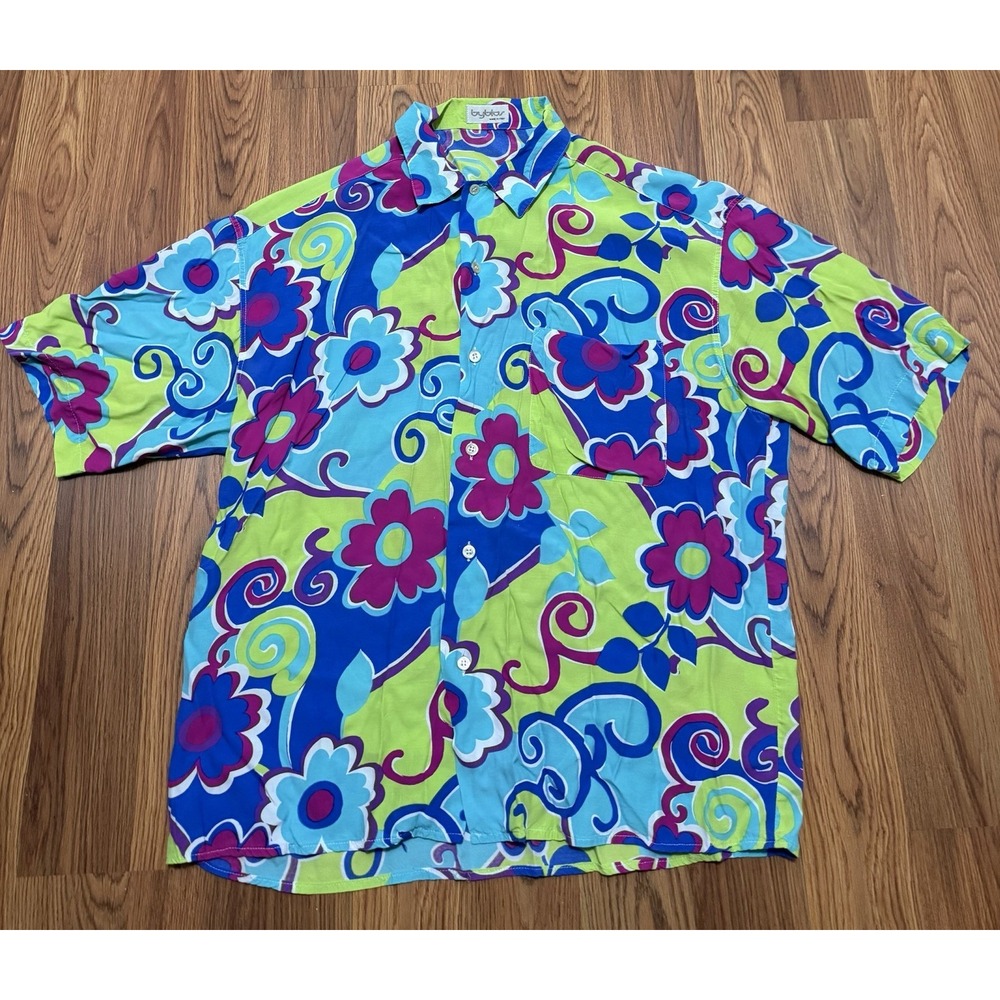 Byblos Button Up Shirt Mens XL Made In Italy Vintage Abstract Floral Viscose